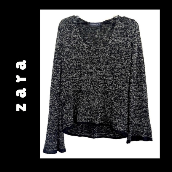 Zara black & silver metallic v-neck long bell sleeve knit sweater - Picture 7 of 15